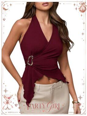 Women's Halter Neck Crop Top Slim Fit Asymmetrical Hem Dressy Wrap Top